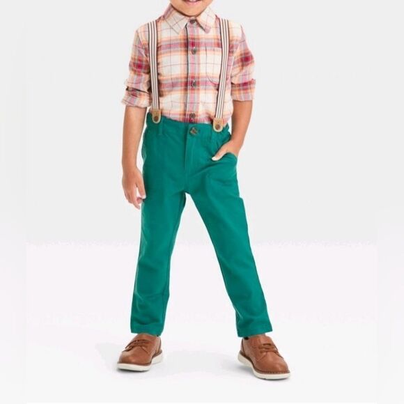 Cat & Jack Toddler Boys' Plaid Button-Down Shirt and Suspender Pants Bundle of 2 - Picture 2 of 9